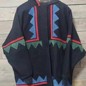 Osgood Smuk Coat Cape Jacket Vintage 80s 90s Womens L Wool w Suede Applique
